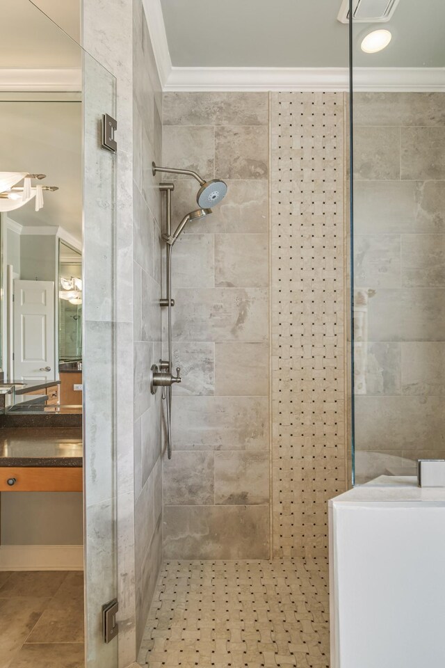9166 Sydney Ln, Brentwood, TN 37027 - bathroom featuring crown molding, a shower stall, and vanity