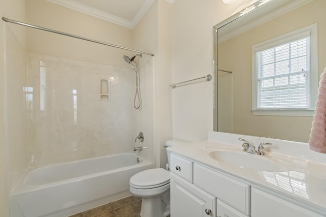 9166 Sydney Ln, Brentwood, TN 37027 - full bathroom with ornamental molding, vanity, toilet, shower / tub combination, and tile patterned flooring