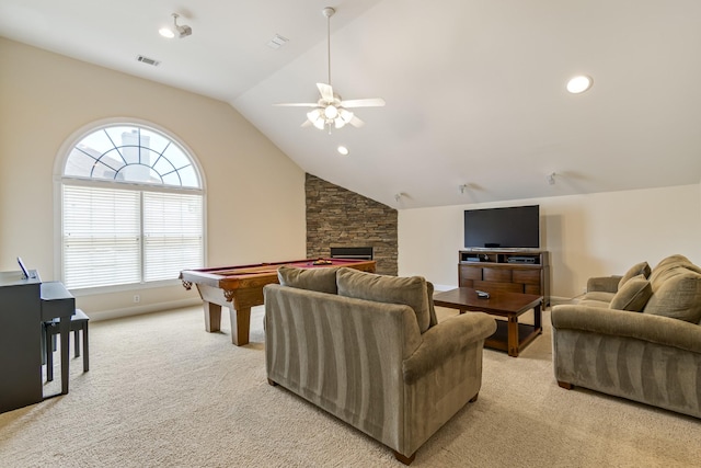 9166 Sydney Ln, Brentwood, TN 37027 - living area featuring lofted ceiling, light carpet, a ceiling fan, a fireplace, and pool table