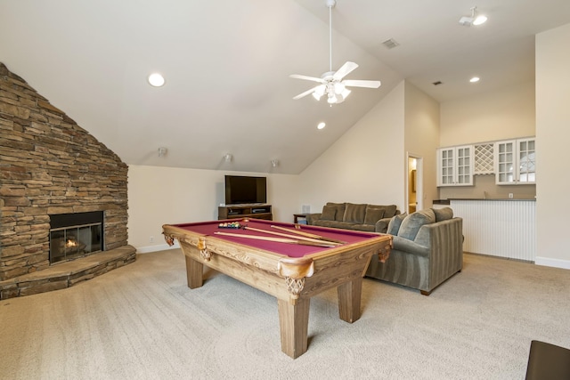9166 Sydney Ln, Brentwood, TN 37027 - playroom featuring light colored carpet, ceiling fan, baseboards, pool table, and recessed lighting