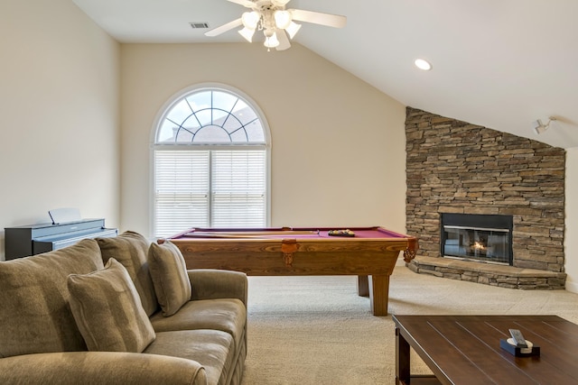 9166 Sydney Ln, Brentwood, TN 37027 - playroom with billiards, carpet flooring, vaulted ceiling, a ceiling fan, and a stone fireplace