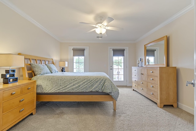 9166 Sydney Ln, Brentwood, TN 37027 - bedroom with crown molding, access to exterior, light colored carpet, baseboards, and a ceiling fan