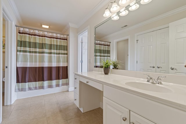 9166 Sydney Ln, Brentwood, TN 37027 - bathroom with vanity, tile patterned flooring, ornamental molding, shower / bath combination with curtain, and toilet