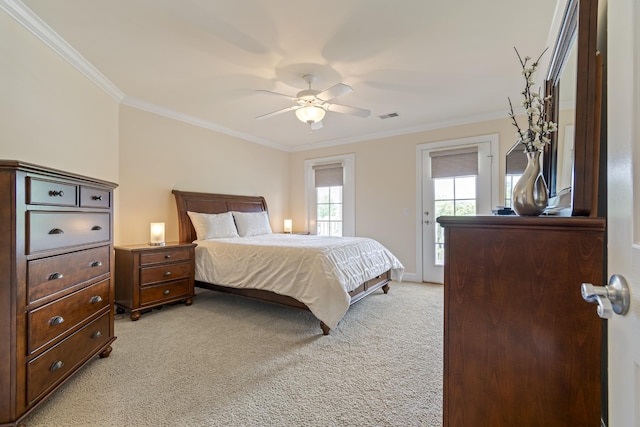 9166 Sydney Ln, Brentwood, TN 37027 - bedroom with light carpet, access to exterior, crown molding, and a ceiling fan