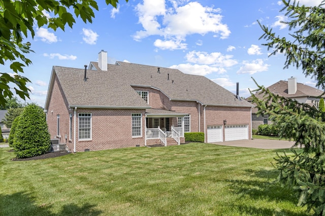 9166 Sydney Ln, Brentwood, TN 37027 - back of property featuring brick siding, a lawn, a chimney, a shingled roof, and a garage