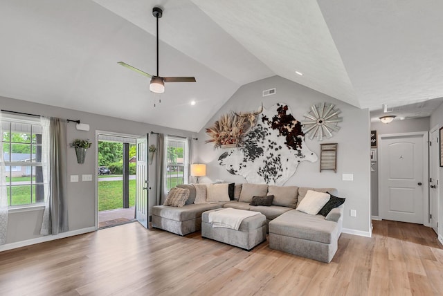 241 Holly Grove Rd, Lewisburg, TN 37091 - living room featuring lofted ceiling, ceiling fan, light wood-style floors, baseboards, and healthy amount of natural light
