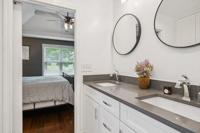 2754 Douglas Ln, Thompsons Station, TN 37179 - ensuite bathroom featuring double vanity, ceiling fan, and wood finished floors