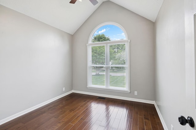 2754 Douglas Ln, Thompsons Station, TN 37179 - unfurnished room with ceiling fan, baseboards, dark wood-type flooring, and vaulted ceiling