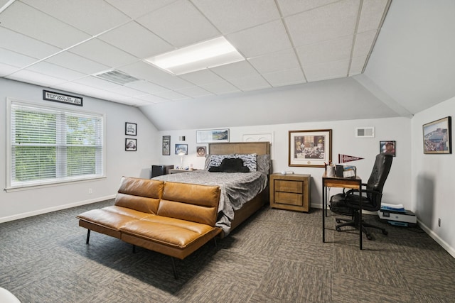 2754 Douglas Ln, Thompsons Station, TN 37179 - bedroom with lofted ceiling, dark colored carpet, baseboards, and an office area