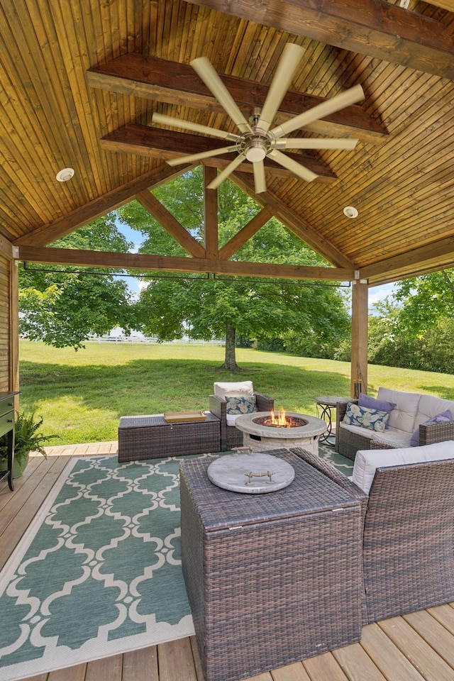 2754 Douglas Ln, Thompsons Station, TN 37179 - wooden terrace featuring a gazebo, an outdoor living space with a fire pit, a lawn, and ceiling fan