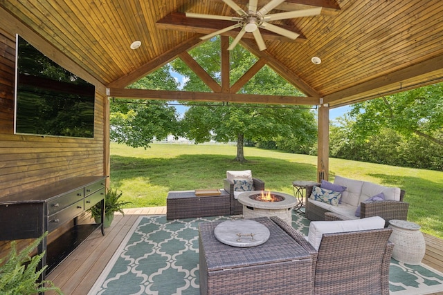 2754 Douglas Ln, Thompsons Station, TN 37179 - view of patio featuring a gazebo, ceiling fan, an outdoor living space with a fire pit, and a deck