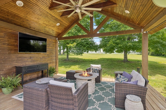 2754 Douglas Ln, Thompsons Station, TN 37179 - view of patio with a ceiling fan, a gazebo, a wooden deck, and an outdoor living space with a fire pit
