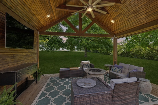 2754 Douglas Ln, Thompsons Station, TN 37179 - view of patio with a gazebo, ceiling fan, an outdoor living space with a fire pit, and a deck