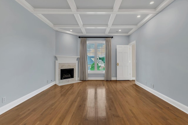 113 Middleton Cir, Nashville, TN 37215 - unfurnished living room with baseboards, wood finished floors, coffered ceiling, a high end fireplace, and beam ceiling