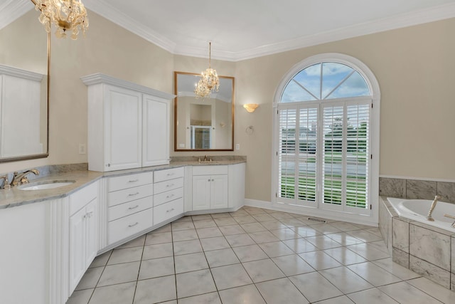 113 Middleton Cir, Nashville, TN 37215 - bathroom featuring a chandelier, tile patterned floors, double vanity, crown molding, and a bath