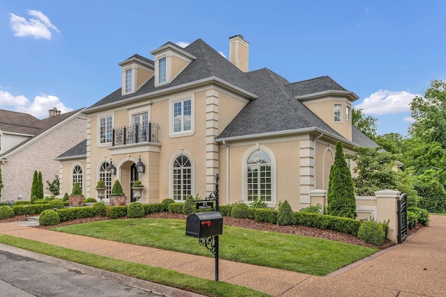 113 Middleton Cir, Nashville, TN 37215 - view of front of property featuring a balcony, a chimney, stucco siding, a front lawn, and a shingled roof