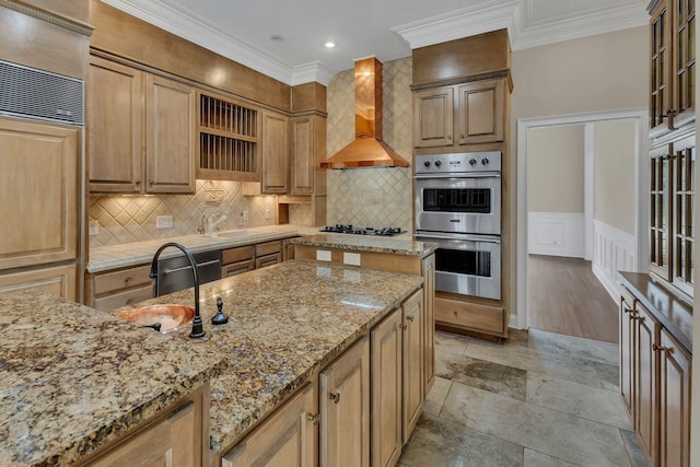 113 Middleton Cir, Nashville, TN 37215 - kitchen with double oven, ventilation hood, a sink, black gas stovetop, and crown molding