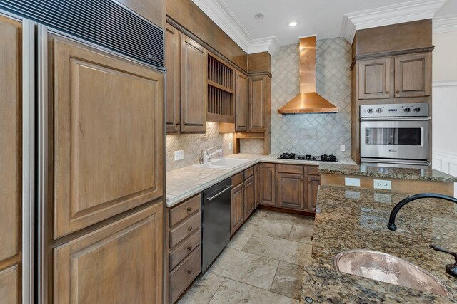 113 Middleton Cir, Nashville, TN 37215 - kitchen with wall chimney exhaust hood, ornamental molding, a sink, open shelves, and appliances with stainless steel finishes