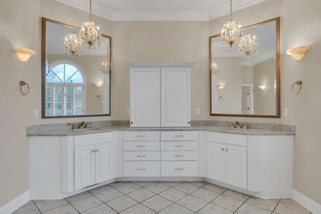 113 Middleton Cir, Nashville, TN 37215 - bathroom with a chandelier, crown molding, double vanity, tile patterned flooring, and baseboards