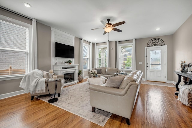 5190 Giardino Dr, Mount Juliet, TN 37122 - living area featuring ceiling fan, healthy amount of natural light, wood finished floors, a large fireplace, and recessed lighting