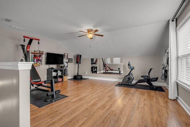 5190 Giardino Dr, Mount Juliet, TN 37122 - exercise area with vaulted ceiling, ceiling fan, light wood finished floors, baseboards, and plenty of natural light