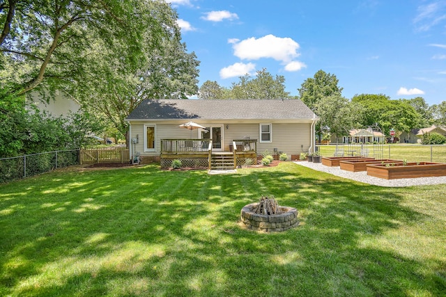 600 Riverview Dr, Franklin, TN 37064 - rear view of property featuring a garden, a wooden deck, an outdoor fire pit, and a shingled roof