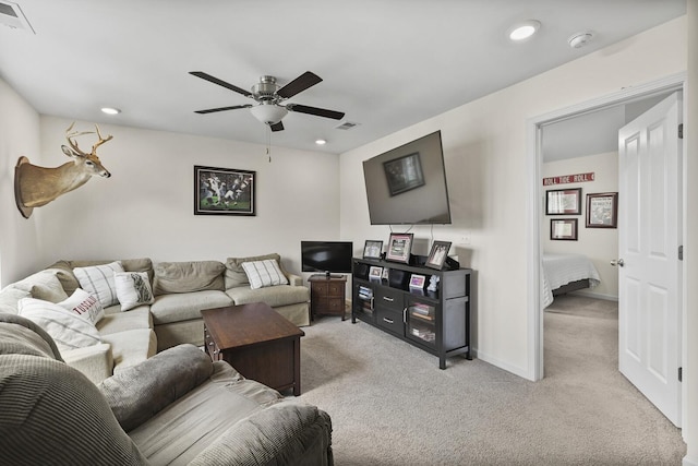 6013 Doster Rd, Smyrna, TN 37167 - living room featuring light carpet, ceiling fan, recessed lighting, and baseboards