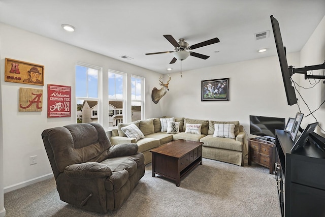 6013 Doster Rd, Smyrna, TN 37167 - living room featuring a ceiling fan, light colored carpet, recessed lighting, and baseboards