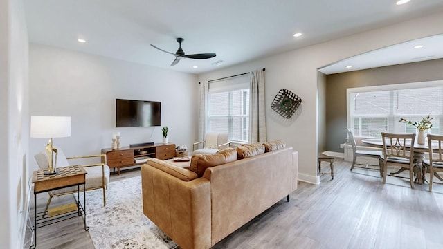 1137 Fiona Dr, Lebanon, TN 37087 - living area with a ceiling fan, light wood-style flooring, recessed lighting, and baseboards