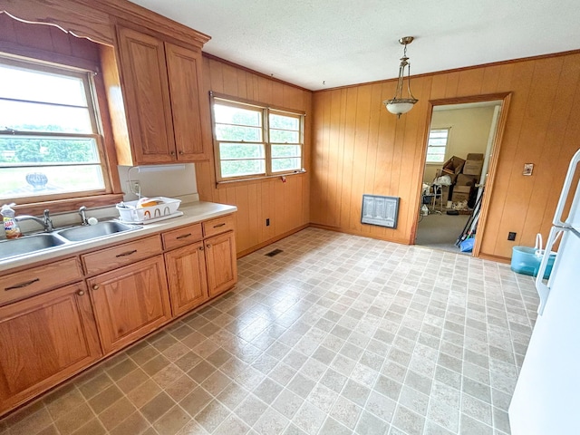 72 Allen Ln, Huntingdon, TN 38344 - kitchen featuring a sink, healthy amount of natural light, brown cabinetry, light countertops, and wood walls
