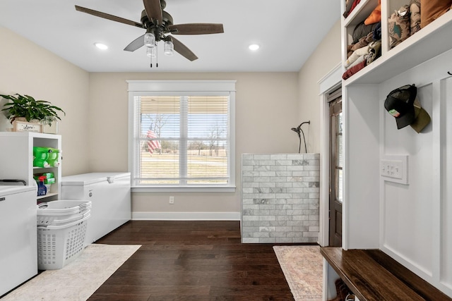 2824 Robert Truelove Rd, Columbia, TN 38401 - laundry room with dark wood-style floors, ceiling fan, baseboards, and recessed lighting