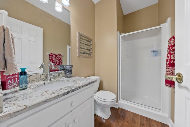 266 Campground Rd, Olmstead, KY 42265 - bathroom with a stall shower, vanity, toilet, and wood finished floors