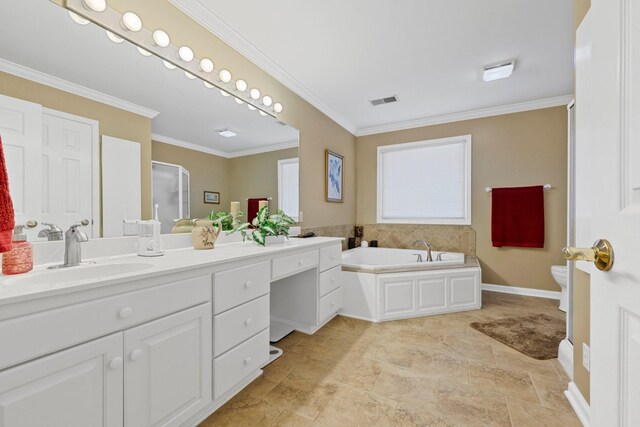 266 Campground Rd, Olmstead, KY 42265 - bathroom with vanity, toilet, a garden tub, crown molding, and baseboards