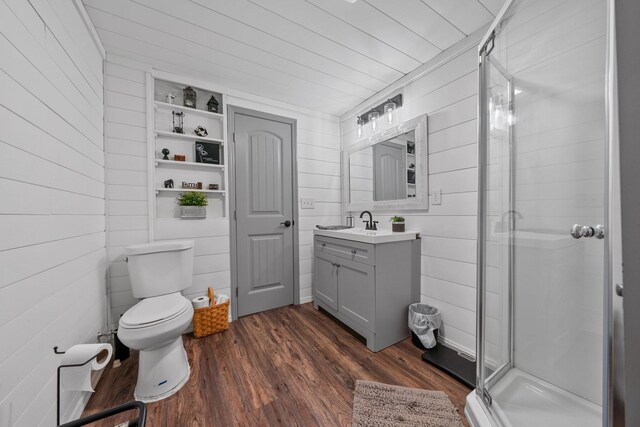 266 Campground Rd, Olmstead, KY 42265 - bathroom with vanity, a stall shower, toilet, wood walls, and wood finished floors