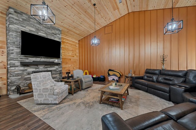 266 Campground Rd, Olmstead, KY 42265 - living room with lofted ceiling, wood walls, wooden ceiling, and wood finished floors