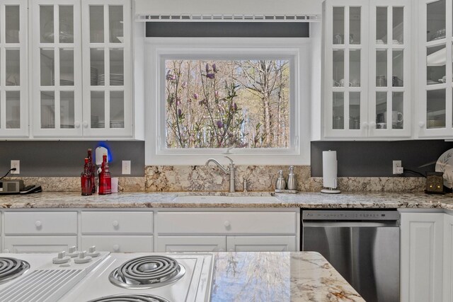 266 Campground Rd, Olmstead, KY 42265 - kitchen with stainless steel dishwasher, a sink, white cabinets, and glass insert cabinets