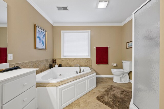 266 Campground Rd, Olmstead, KY 42265 - full bath featuring vanity, crown molding, toilet, a stall shower, and a tub with jets
