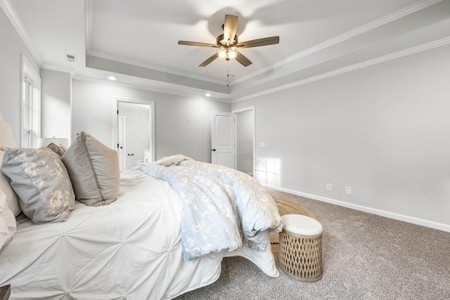 264 Kildeer Dr, Clarksville, TN 37040 - bedroom with a tray ceiling, carpet, crown molding, baseboards, and a ceiling fan