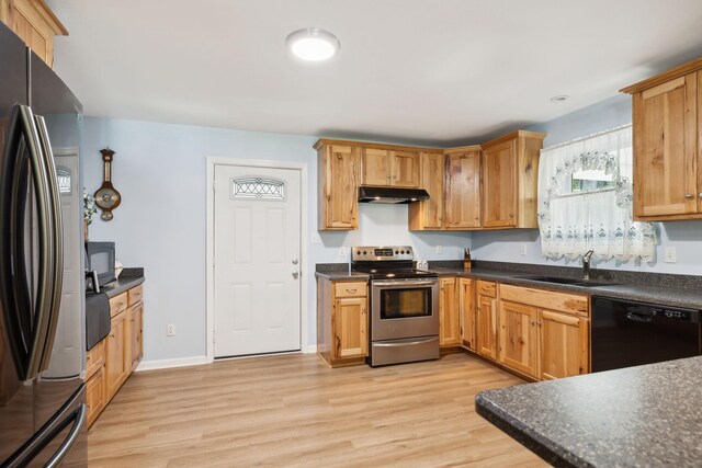 1540 Centerville Hwy, Hohenwald, TN 38462 - kitchen featuring black appliances, under cabinet range hood, a sink, light wood finished floors, and dark countertops