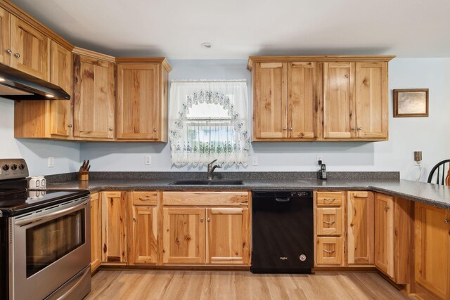 1540 Centerville Hwy, Hohenwald, TN 38462 - kitchen featuring dishwasher, stainless steel range with electric stovetop, a sink, under cabinet range hood, and light wood-style flooring
