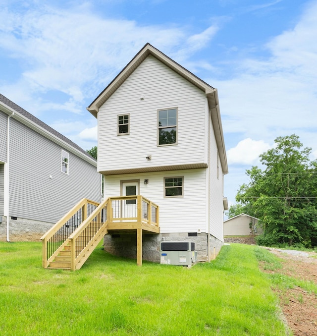 174 Oak St, Clarksville, TN 37042 - rear view of house with central air condition unit, a yard, stairs, and crawl space