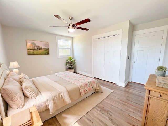 2513 Hickory Dr, Springfield, TN 37172 - bedroom featuring light wood finished floors, baseboards, a closet, and a ceiling fan