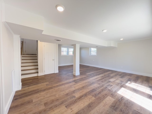 2513 Hickory Dr, Springfield, TN 37172 - below grade area featuring stairway, baseboards, wood finished floors, and recessed lighting