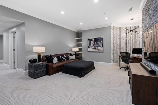 100 Church St, Franklin, TN 37064 - living room with carpet, an office area, a chandelier, ornamental molding, and baseboards
