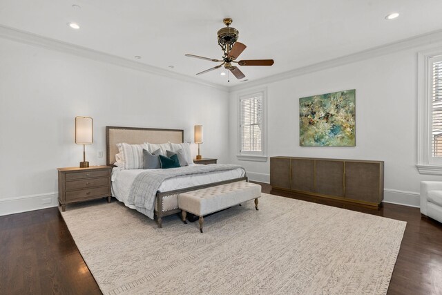 100 Church St, Franklin, TN 37064 - bedroom featuring crown molding, baseboards, dark wood-style floors, recessed lighting, and ceiling fan