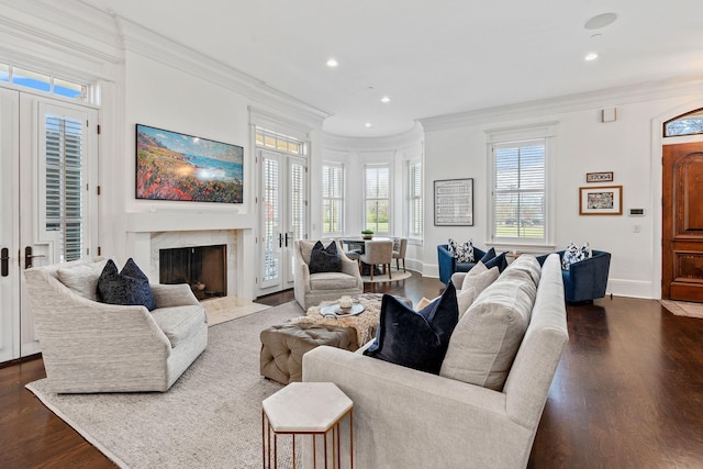 100 Church St, Franklin, TN 37064 - living room with crown molding, dark wood finished floors, recessed lighting, baseboards, and a premium fireplace