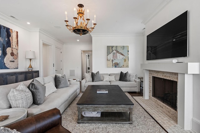 100 Church St, Franklin, TN 37064 - living room featuring ornamental molding, a fireplace with flush hearth, a chandelier, and recessed lighting