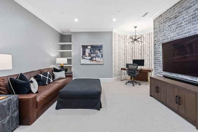 100 Church St, Franklin, TN 37064 - carpeted living room featuring an office area, a chandelier, crown molding, and recessed lighting