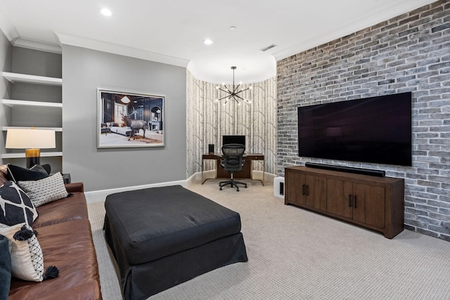 100 Church St, Franklin, TN 37064 - living area with crown molding, carpet floors, an office area, built in features, and recessed lighting
