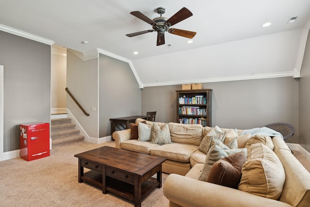 2433 Durham Manor Dr, Franklin, TN 37064 - carpeted living room with a ceiling fan, crown molding, recessed lighting, stairway, and baseboards